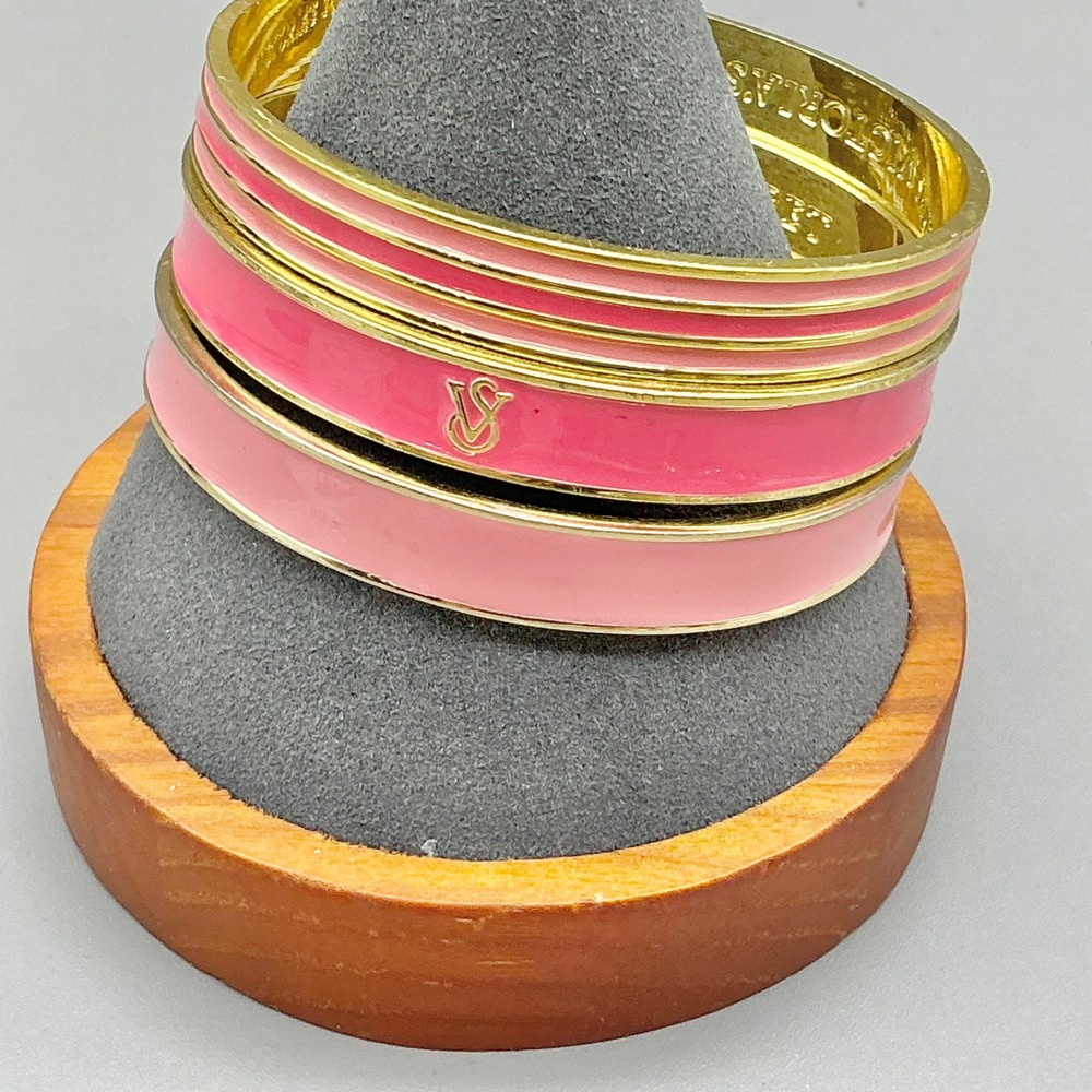 Victoria Secret Bangle Bracelet Set Women Pink Gold Enamel Stackable 3 Piece